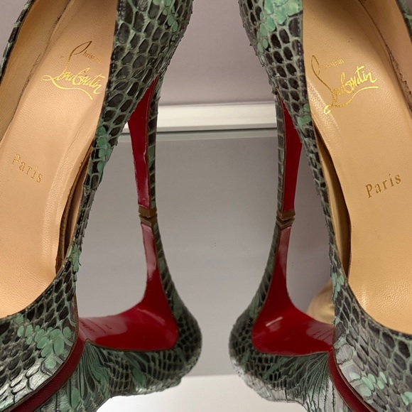 Christian Louboutin Bianca Python Peep Toe Platform Pumps Green Red Sole 39 - Picture 14 of 17